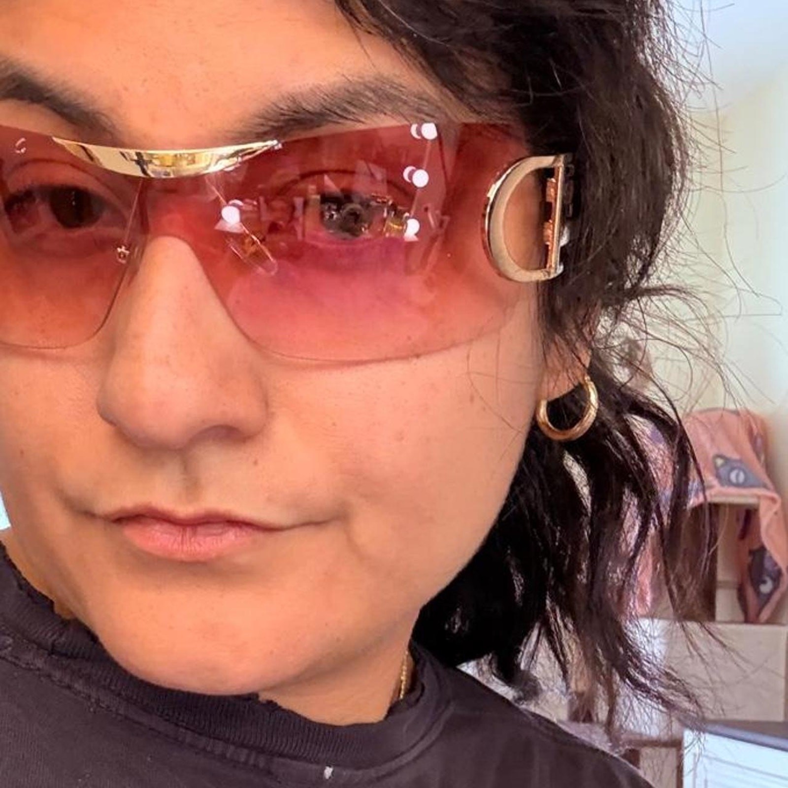 Y2K shield sunglasses with pink gradient lenses and gold-tone logo hardware