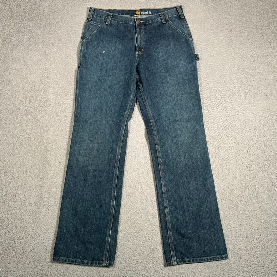 Carhartt Jeans Mens 35×33 Blue Relaxed Fit Denim Carpenter Hammer Loop Workwear