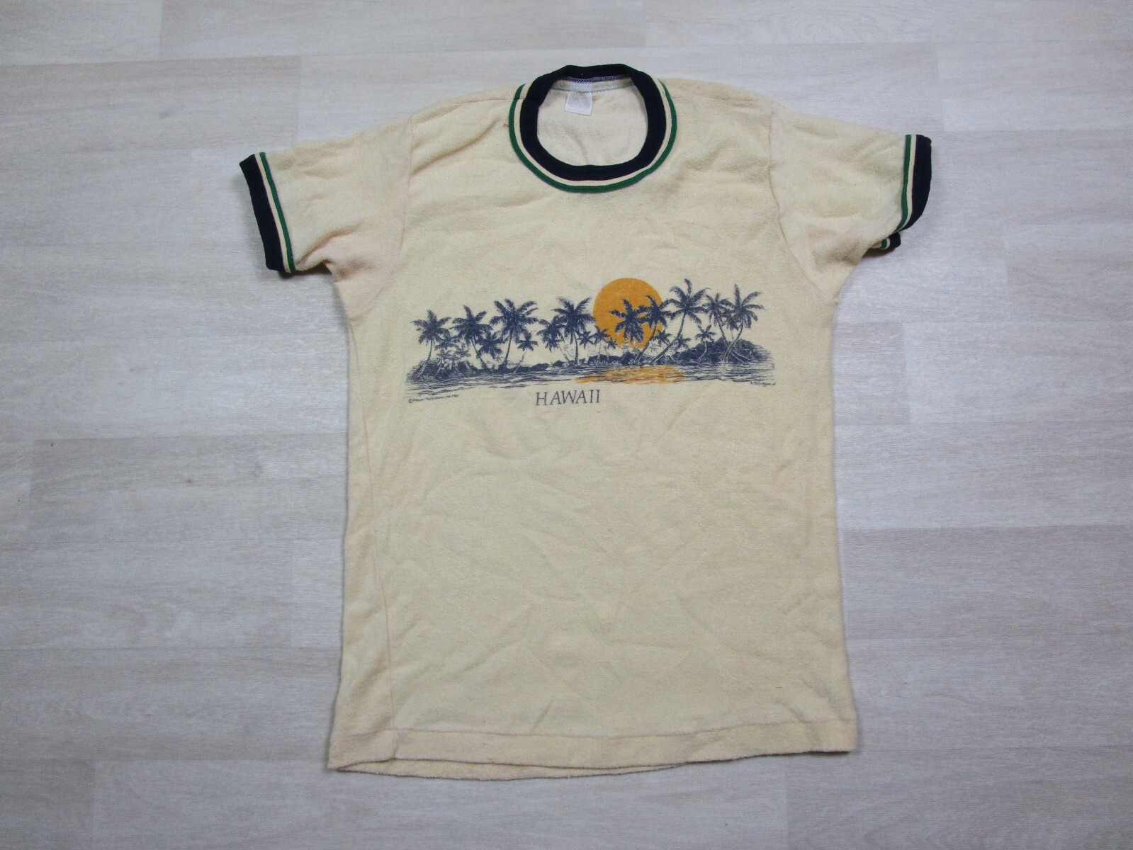 Vintage 1980s Hawaii T Shirt Terry Cloth Ringer (L) 50/50 Sportswear Beach Scene