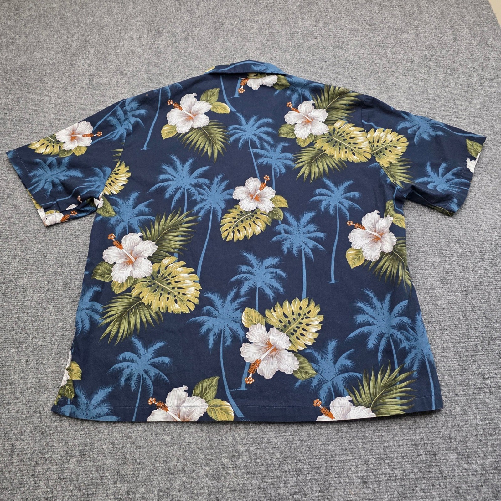 Men’s Large Pacific Legend Hawaiian Shirt Blue Hibiscus Palm Tree Aloha Made In