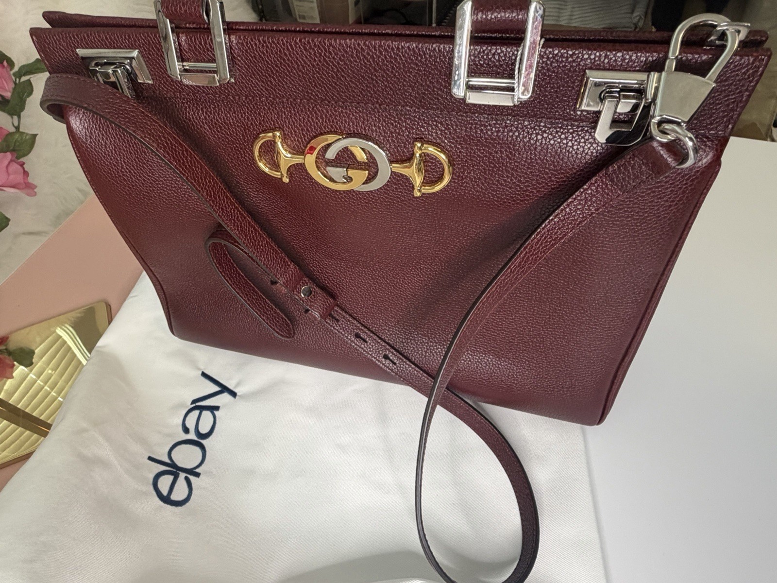 Gucci Zumi Grained Leather Medium Top Handle Shoulder Bag Burgundy Entrupy COA