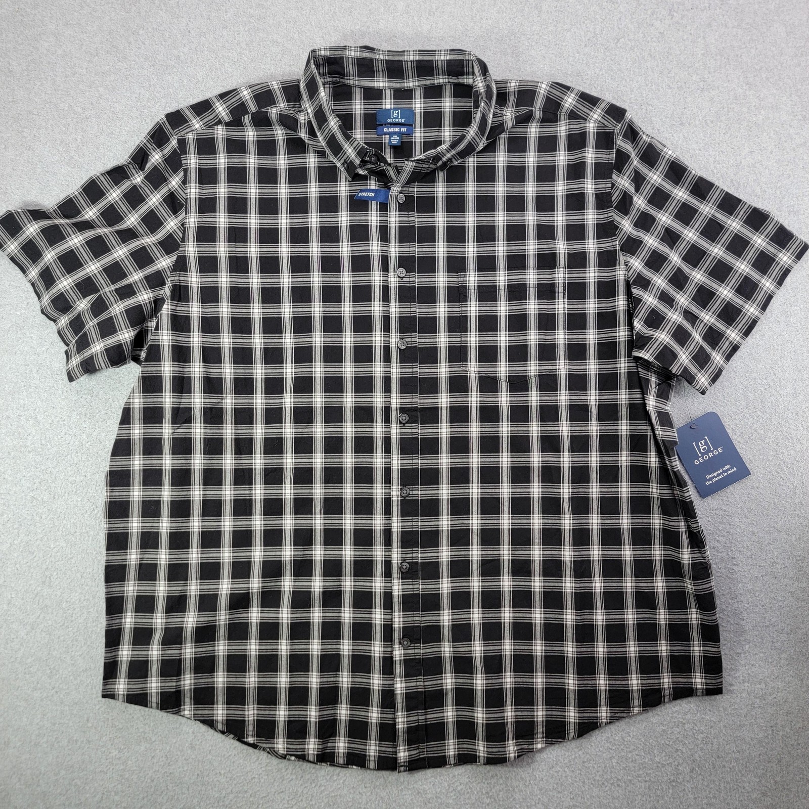 George Shirt Mens 3XL Black Plaid Short Sleeve Button Front Classic Fit Stretch