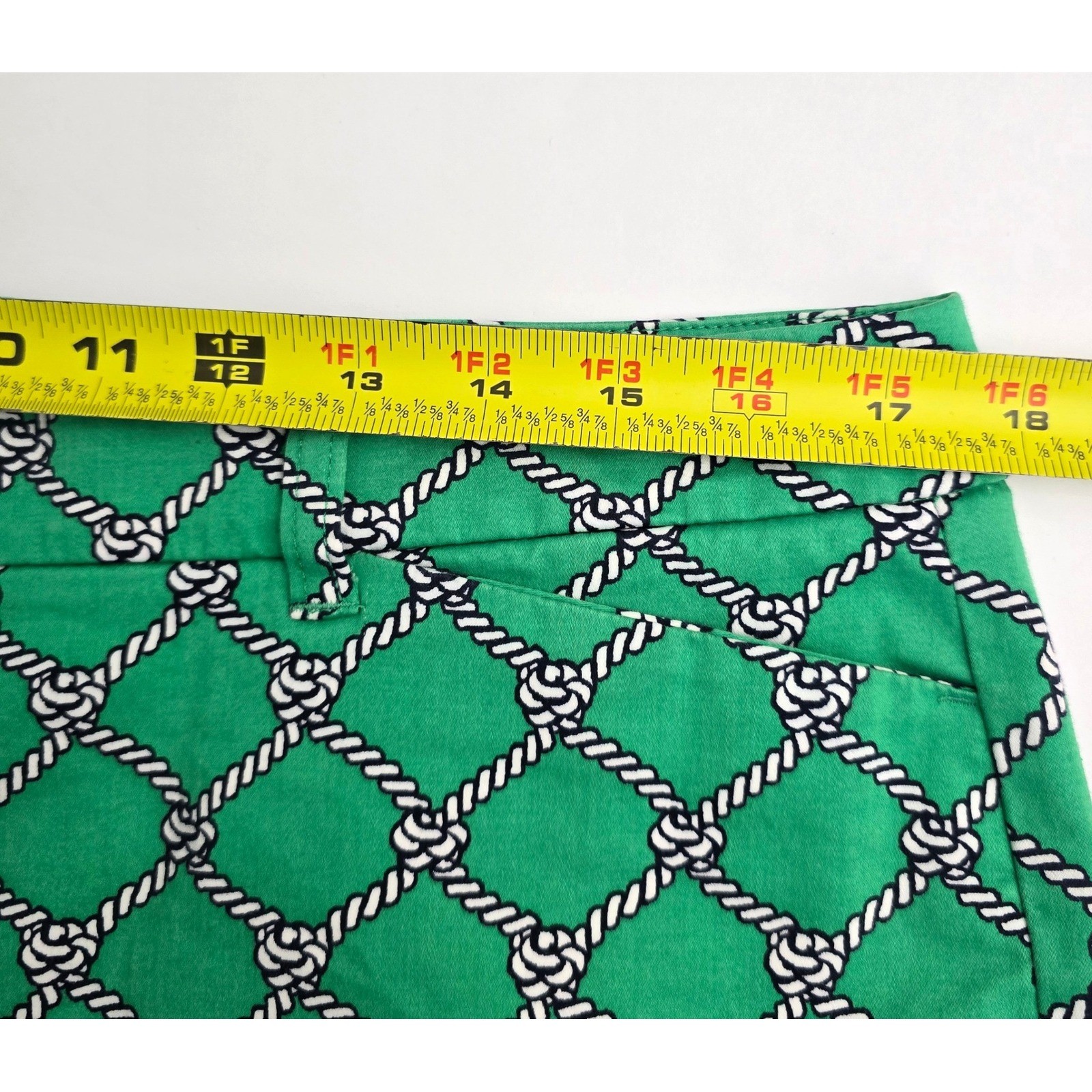 Talbots Petites Rope Print Slit Hem Zipper Button Closure Capri Pants Green 14P