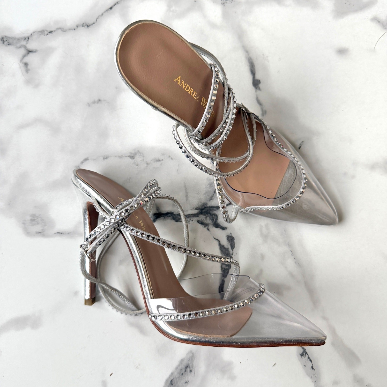 Andrea Wazen Dassy Sunset Crystal Metallic Strappy Pumps NEW Size 39