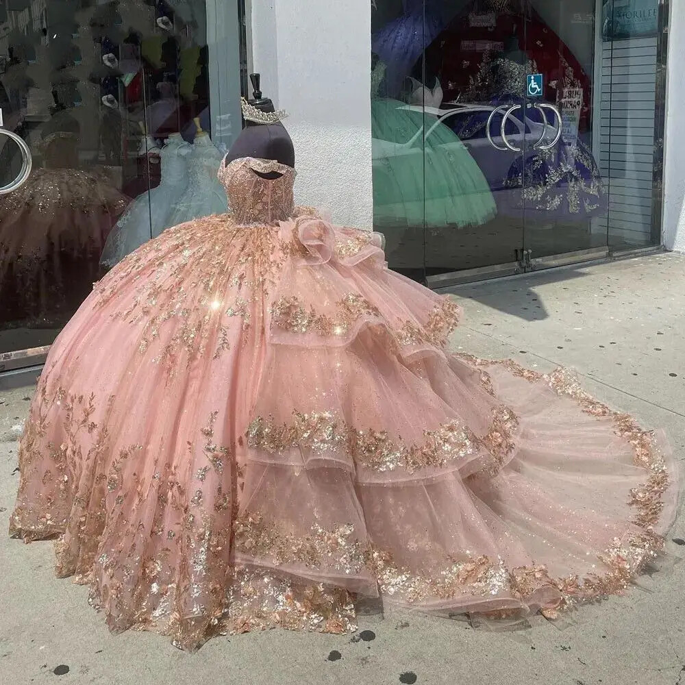 Blush Pink Quinceanera Dresses Off Shoulder Sparkling Beaded Ball Gowns Sweet 16