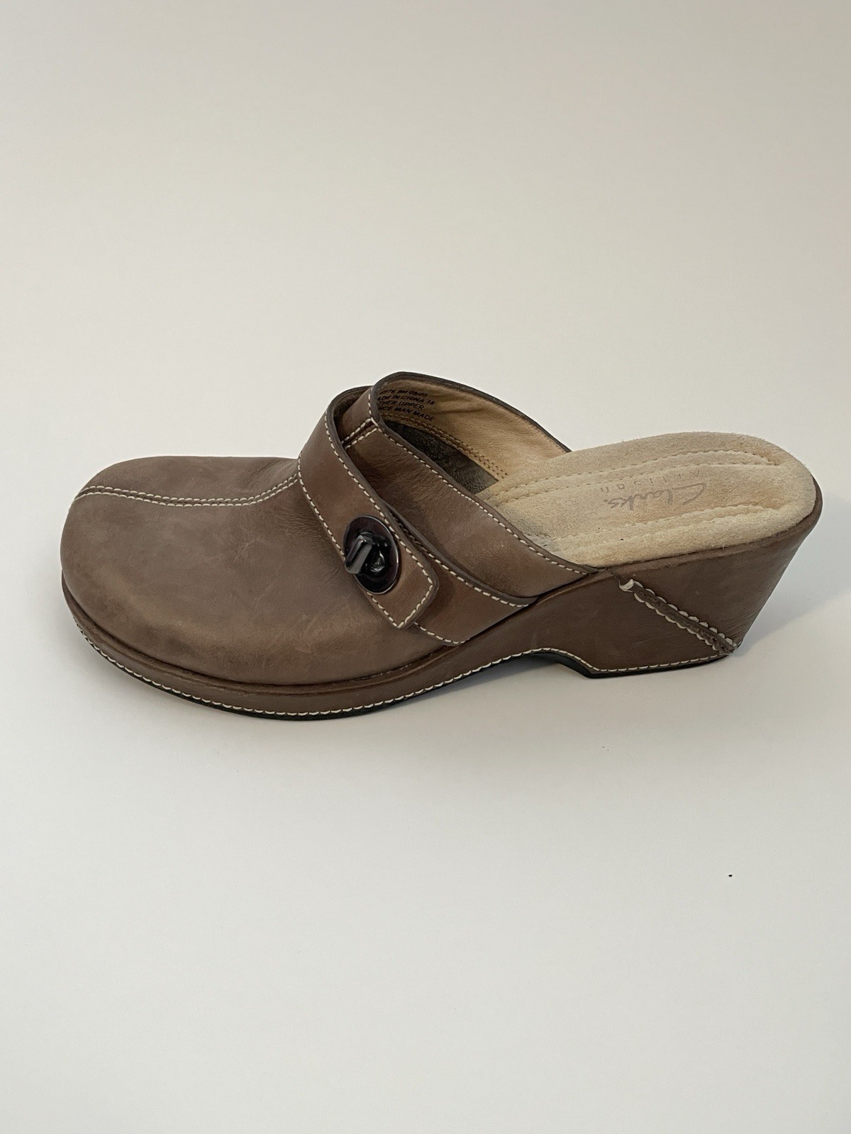 Clarks Artisan Brown Leather Clogs Slip On Mules Lock Buckle Accent Size 9M