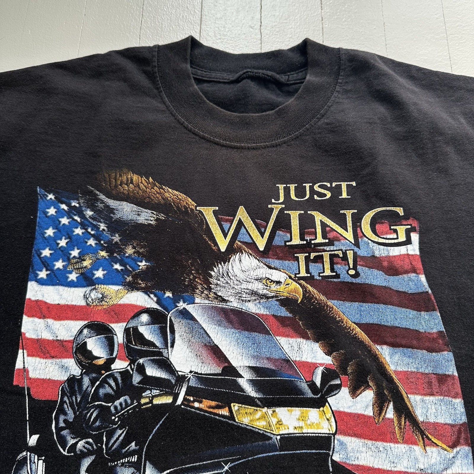 American Biker “Just Wing It” Motorcycle Rider 2-Up Touring Black T-Shirt Size M