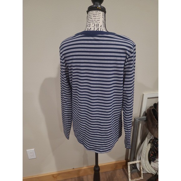 Land’s End Nautical Coastal navy white striped long sleeve pullover Women SZ L
