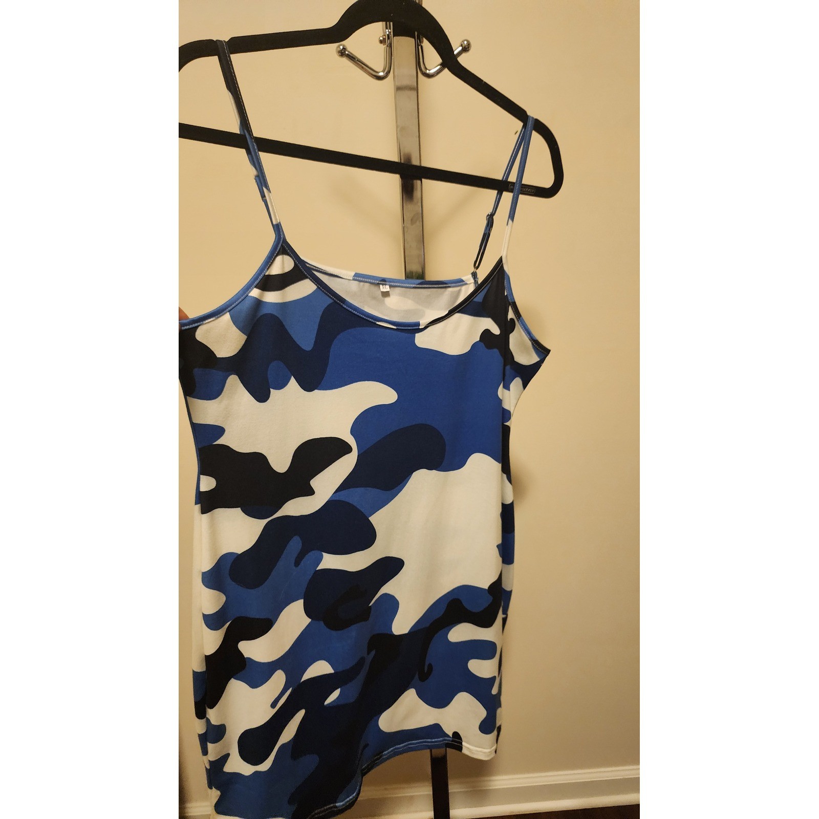 Blue Camouflage Bodycon Mini Dress Adjustable Spaghetti Straps XL Camo Print