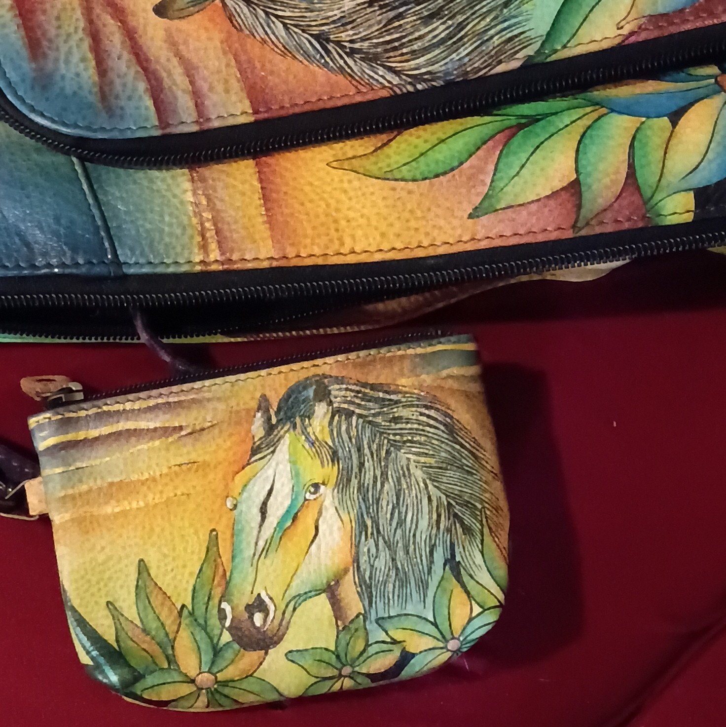 Anuschka Hand Painted Leather Animal Floral Zip Around Shoulder Bag Purse