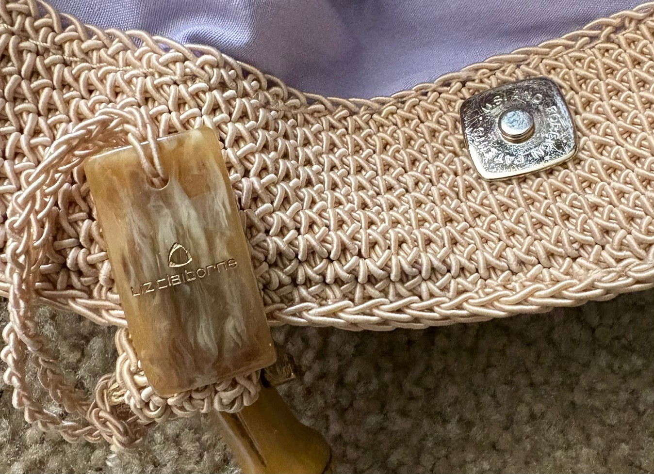 Vintage Liz Claiborne Crochet Macrame Purse Bag Bamboo Handles Purple Lining