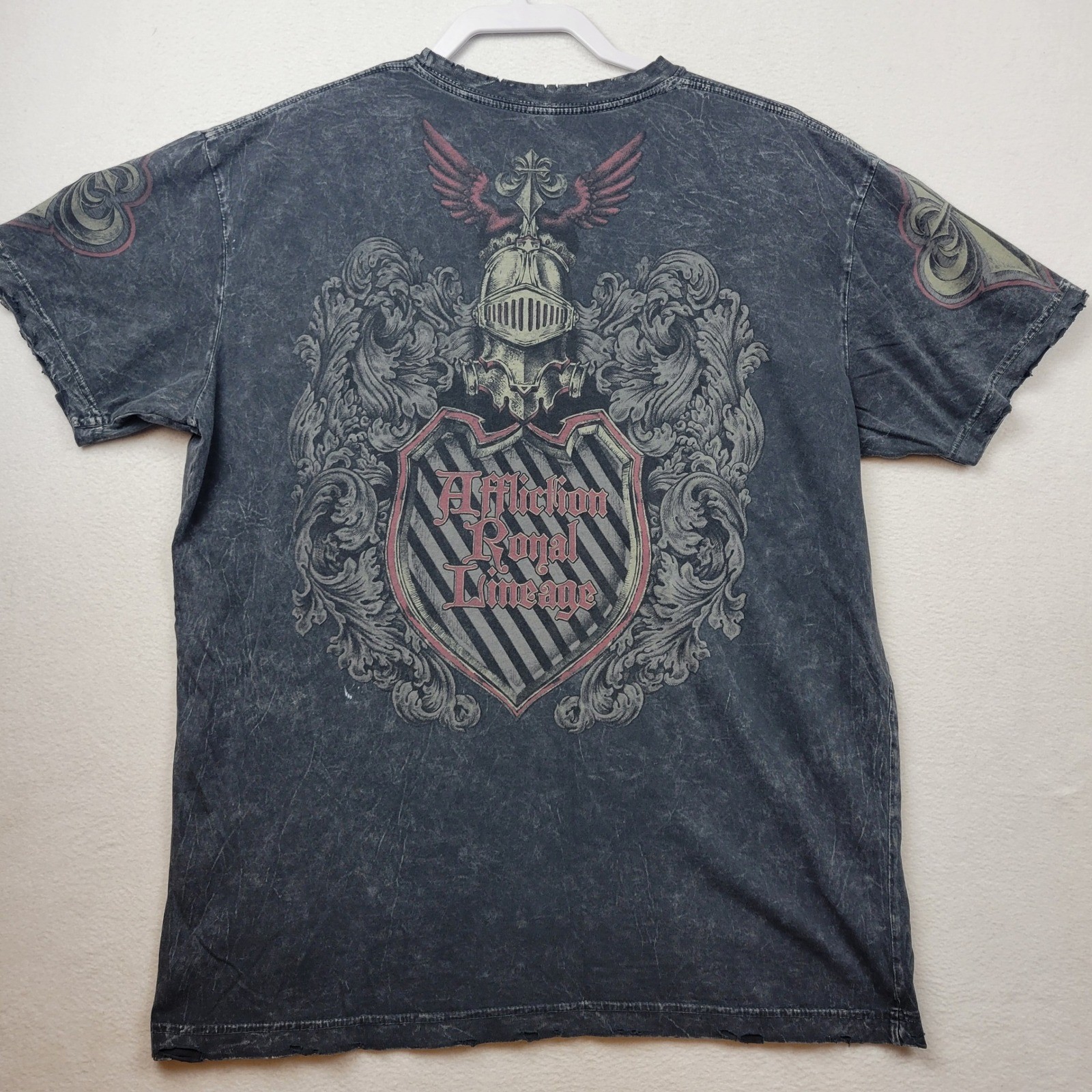 Affliction Mens Royal Lineage Large Gray Distressed Skeleton T-Shirt Tee Y2K