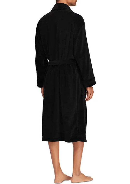 NWT Polo Ralph Lauren SOLID BLACK Cotton Velour 48″ Robe Men’s L/XL RED PONY