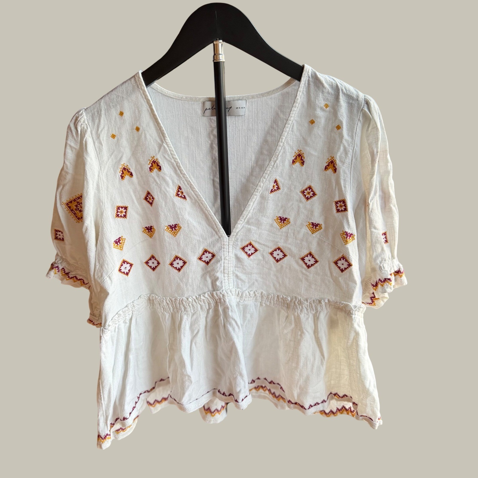 Petal & Pup Dawston Top White Embroidered V-Neck Boho Linen Blend Peplum Blouse