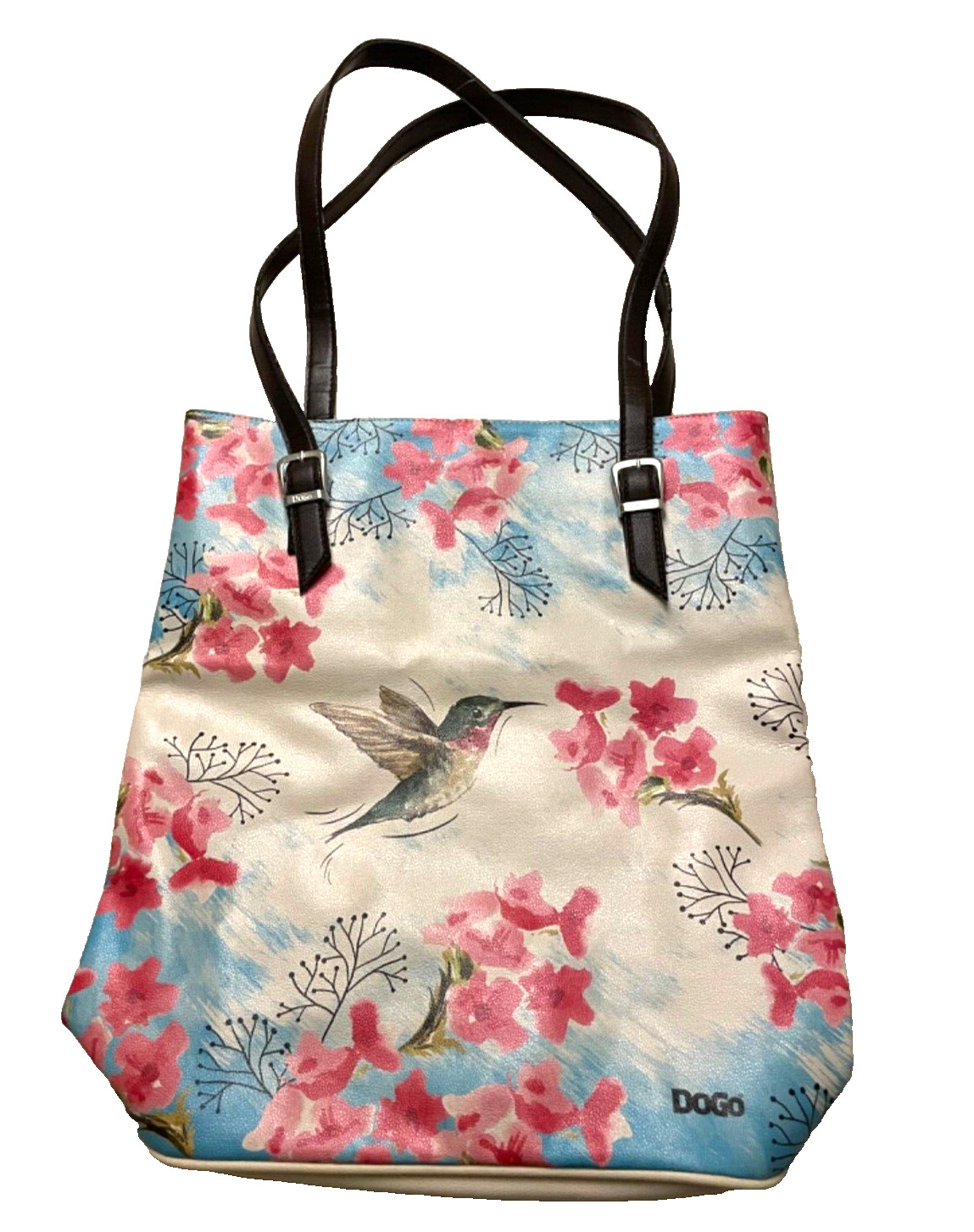 DOGO Tote Bag Vegan Leather with Hummingbird Cherry Blossoms Shoulder Straps