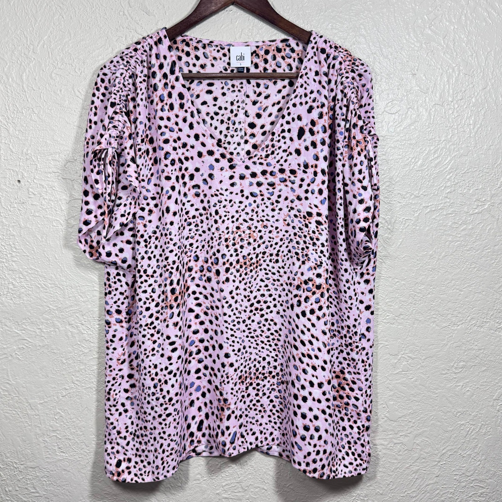 Cabi 5980 Blouse Top Small Pink Leopard Animal Print Ruched Tie Chiffon Career