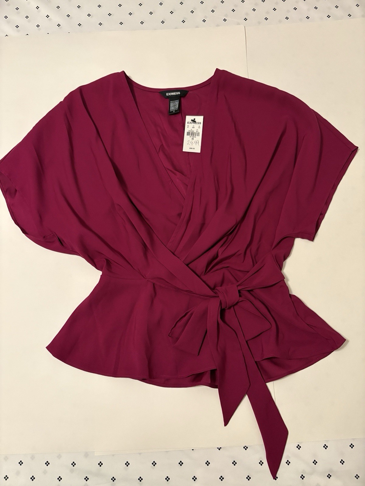 Express Women’s Burgundy Solid V-Neck Short Sleeve Wrap Tie Waist Blouse XS