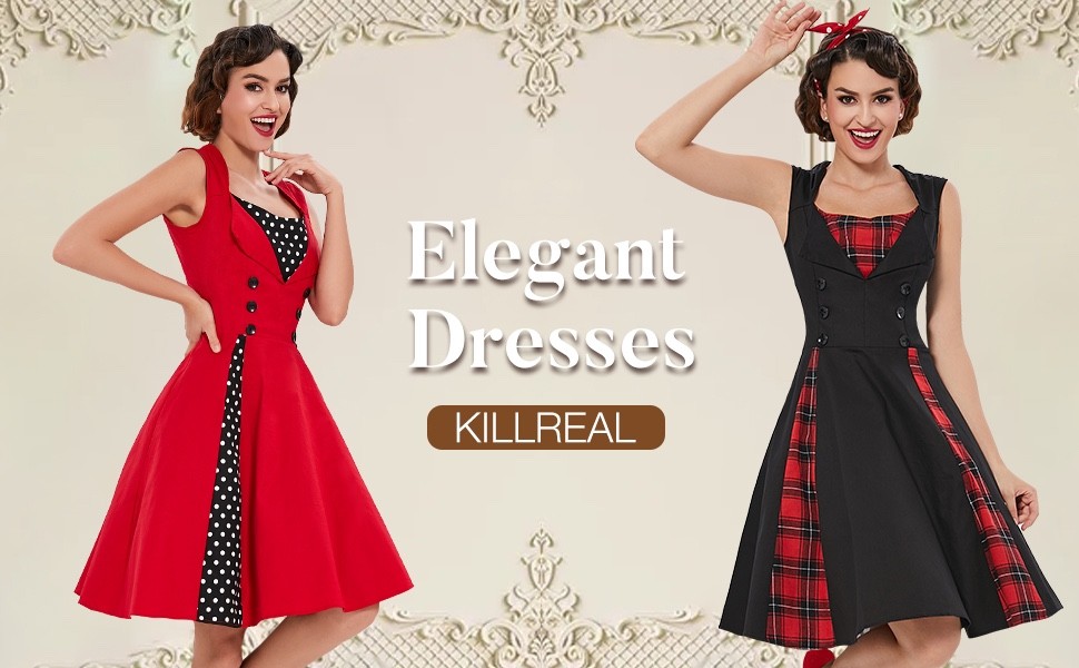 KILLREAL Women’s 50S Retro Rockabilly Short Sleeves Lapel Collar Office Dress