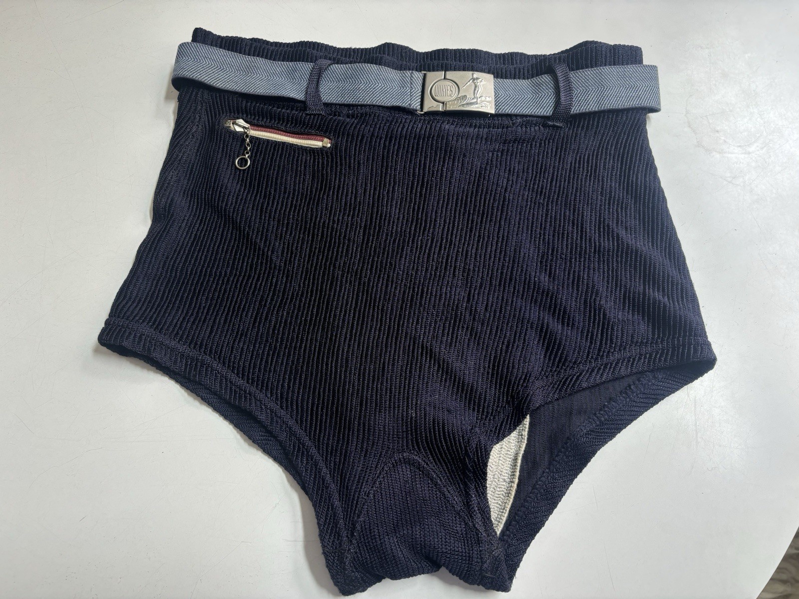 1950s Vintage Wikies Men’s Swimsuit NOS 34 Ribbed Navy Blue With Surfer Belt