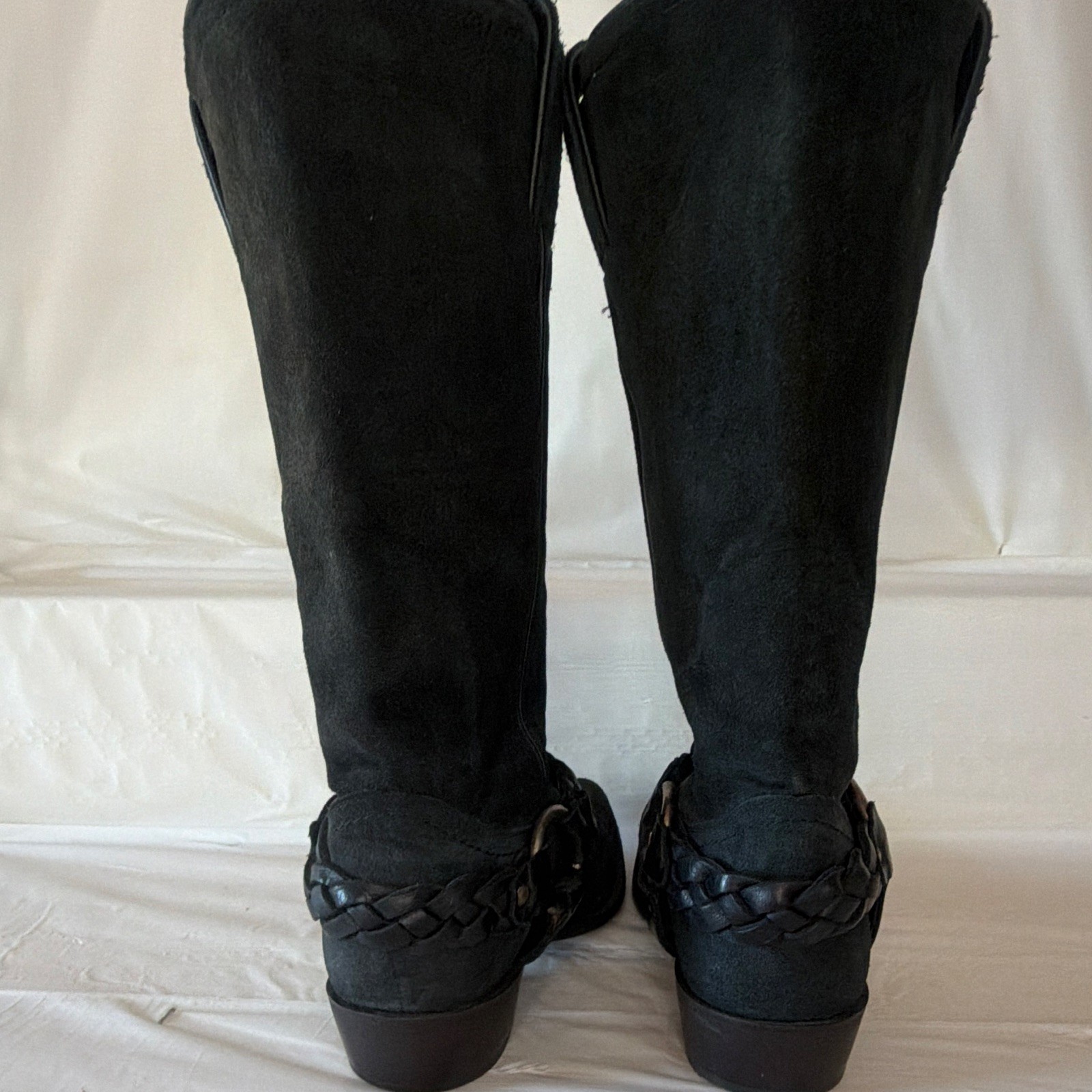 Frye Black Suede Mid-Calf Riding Boots Pull On Almond Toe Braided Buckle 8.5