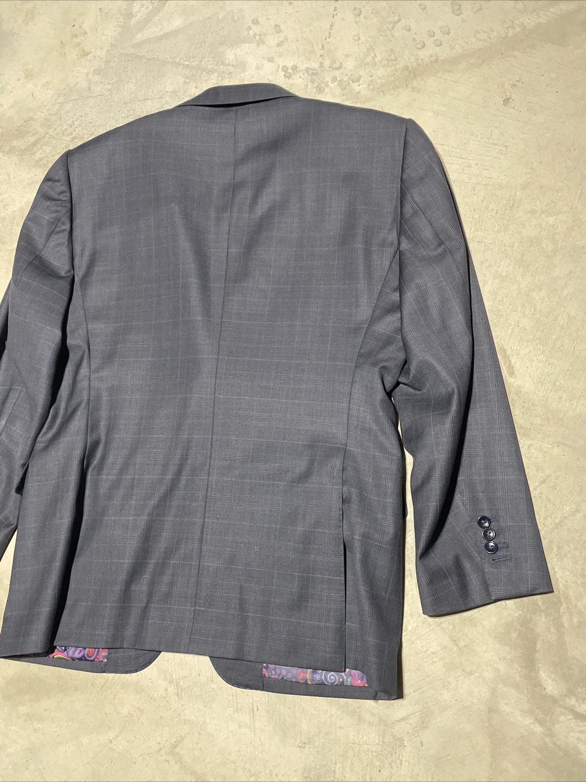 Savile Row Bespoke Grey Purple Plaid Wool Trevira Two-Piece Suit SZ L 36×29