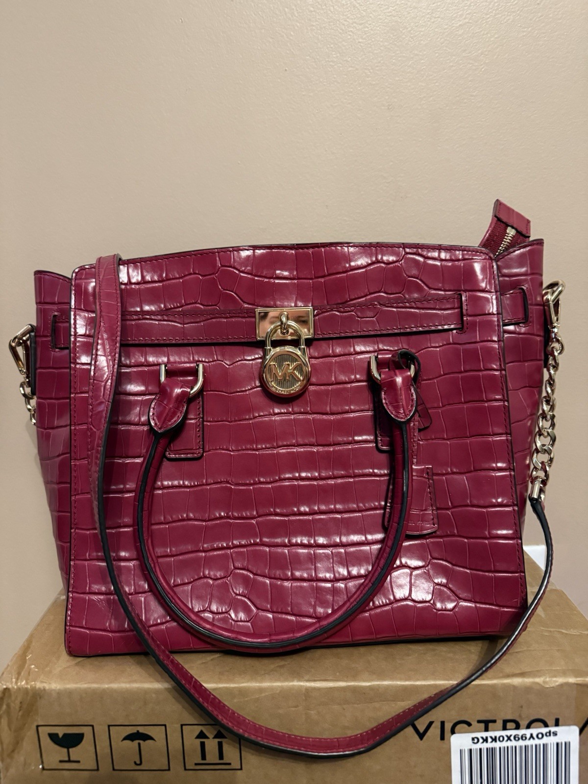 Michael Kors Burgundy Croc Embossed Satchel Top Handle Zip Bag Gold Hardware