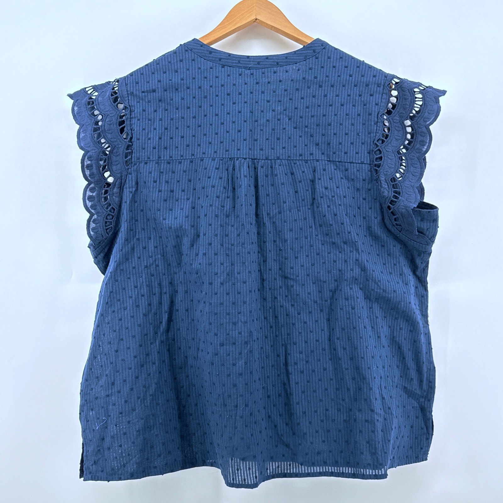 Estelle Navy Blue 2X/20W Eyelet Flutter Sleeve Button Down Blouse Top Swiss Dot