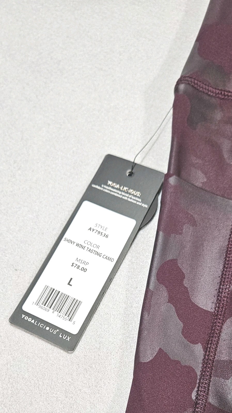 Yogalicious Lux Leggings Large Shiny Wine Tasting Camo High Rise Pockets NWT