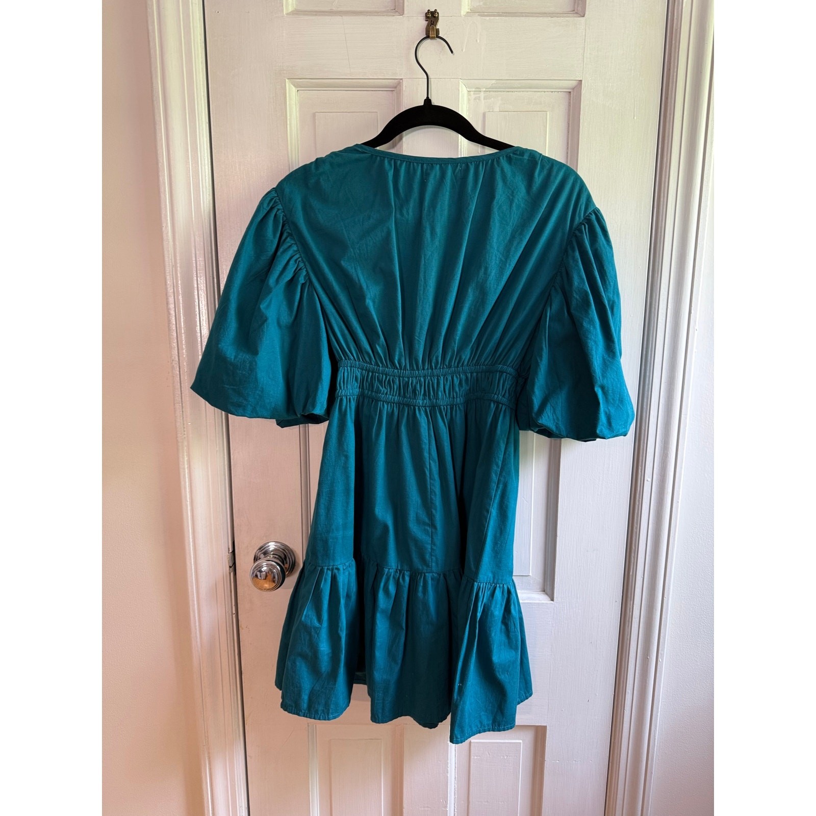 Japna Teal Green Puff Sleeve Tiered Mini Dress V-Neck Size Small EUC