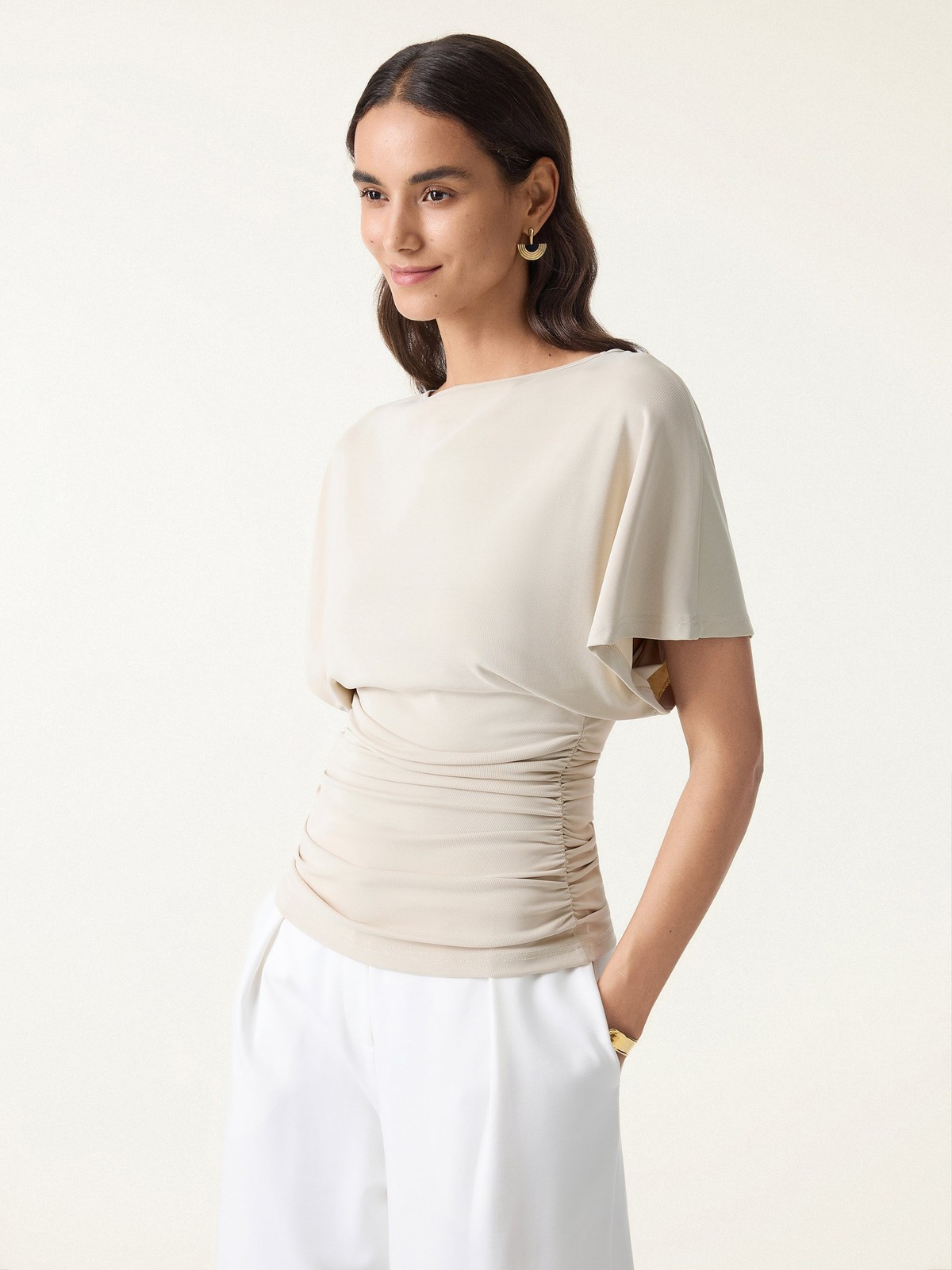 Effortless Boatneck Batwing Sleeve Side Ruched Top-OGLmove|118604