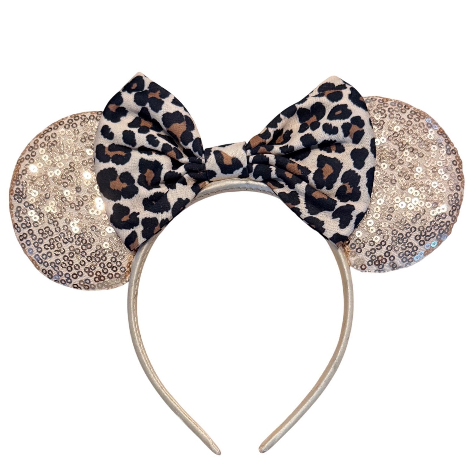 Disney Parks Minnie Mouse Ears Headband Champagne Gold Sequin Leopard Print Bow