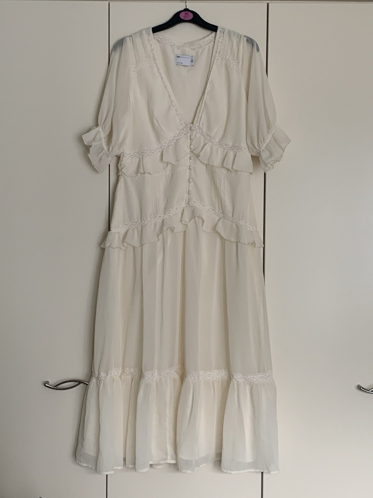 ASOS DESIGN button-through lace insert tiered midi dress in ivory – size 12