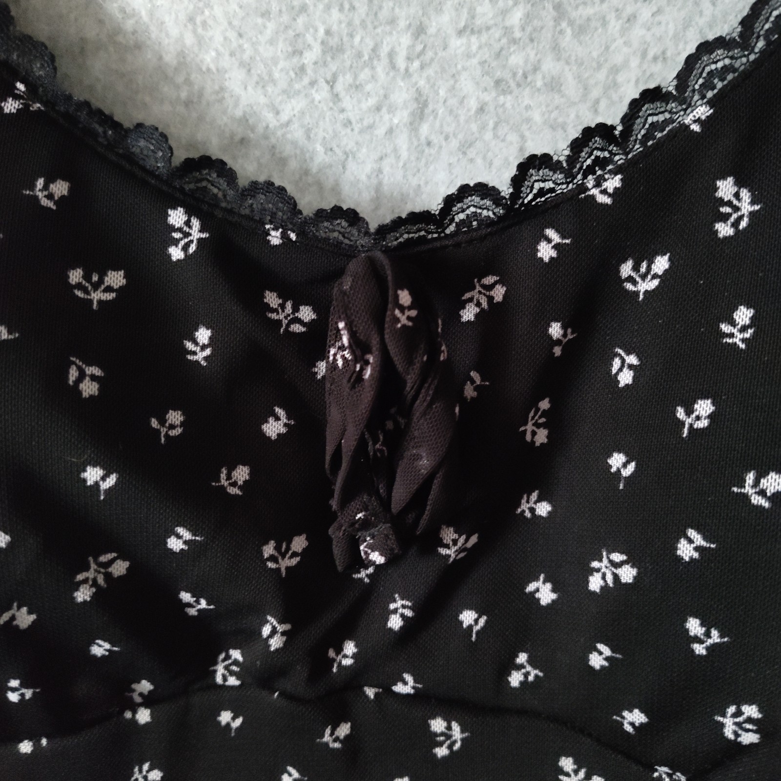 Black Floral Dress Empire Waist Thin Strap Sz L (12-14) Grunge Boho Fairy Twee