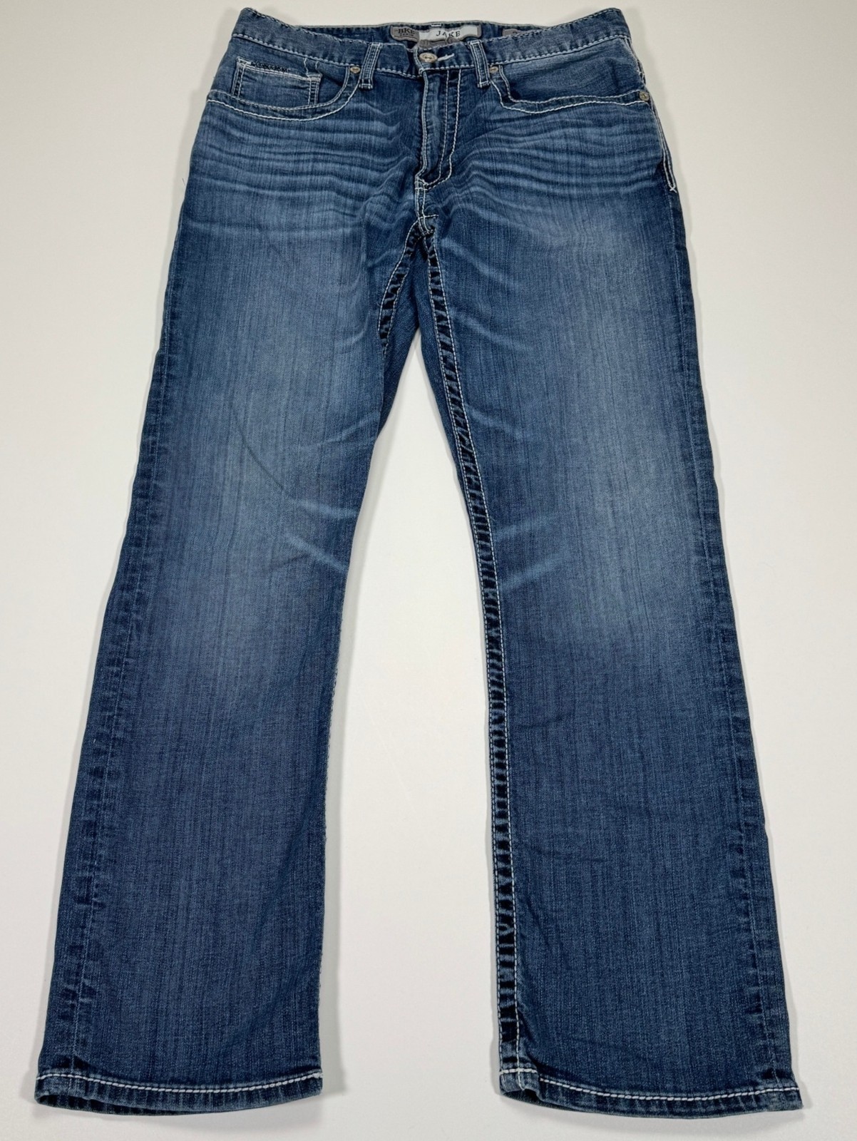 BKE Jake Straight Leg Mens Jeans 32S 31×30 Blue Denim Embroidered Stretch