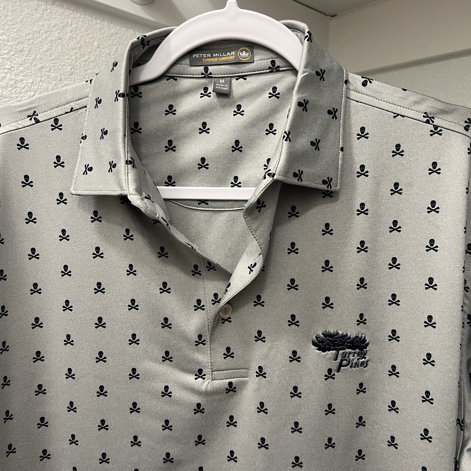 Peter Millar x Torrey Pines Summer Comfort Skulls Geo Polo Shirt Men’s M Gray
