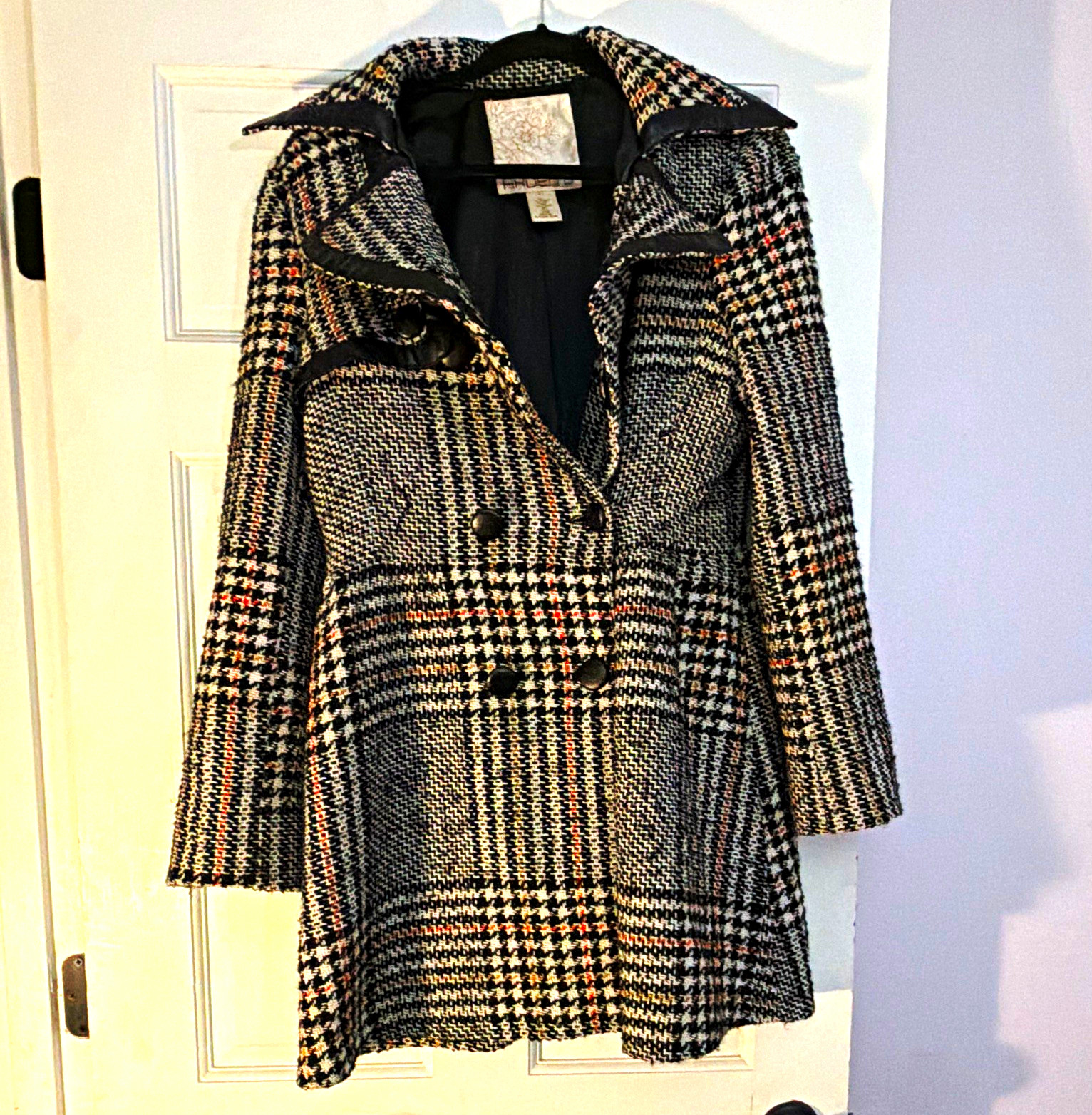 Arden B. Women’s Plaid Pea Coat, Black/White, Lined, Mid-Length, Size L