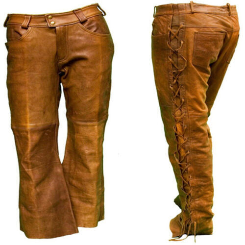 Men’s Real Cowhide Waxed Brown Leather Pants Side Lacing Jean Trouser Cuir Braun