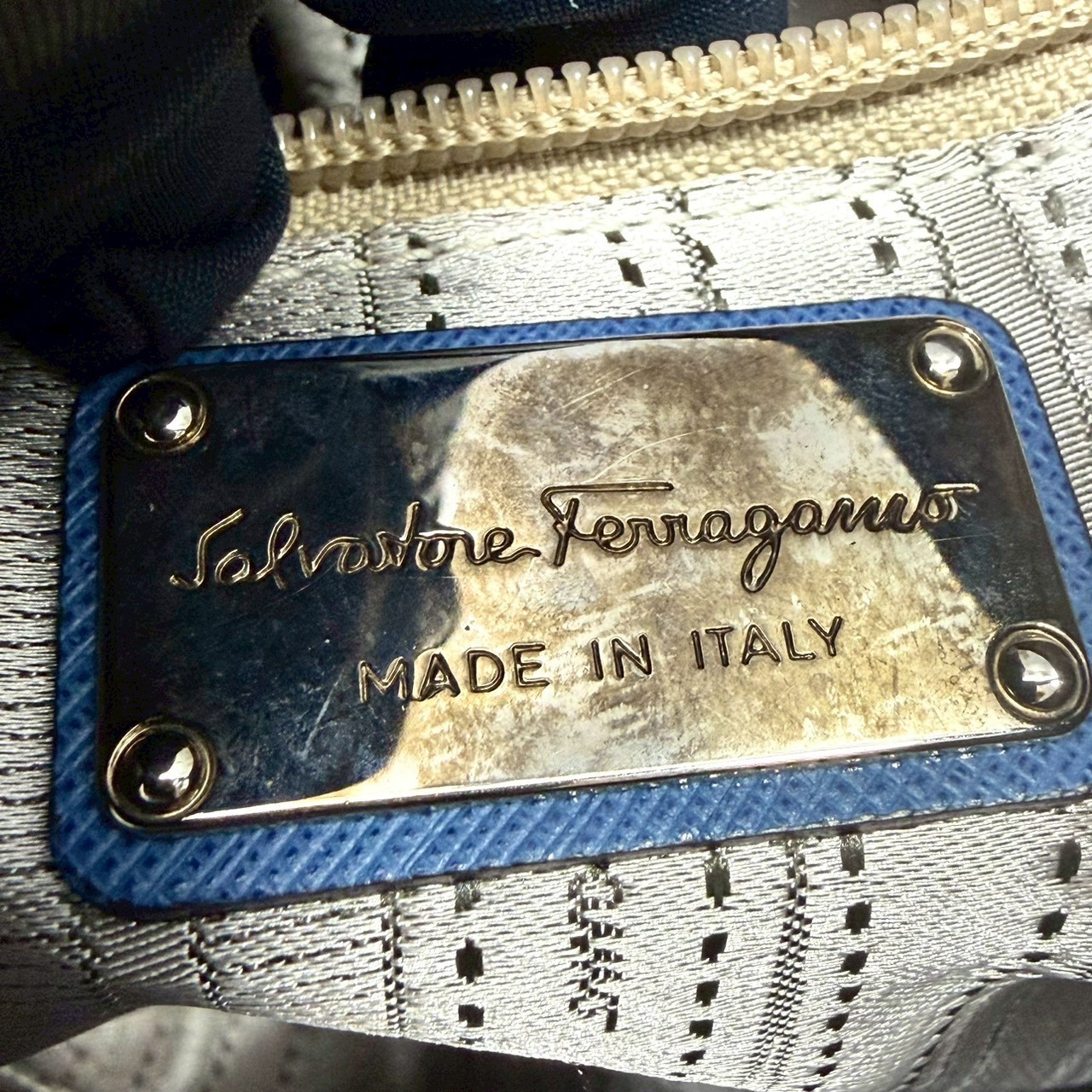 Salvatore Ferragamo Blue Saffiano Leather Hobo Shoulder Bag Gancini Italy Women