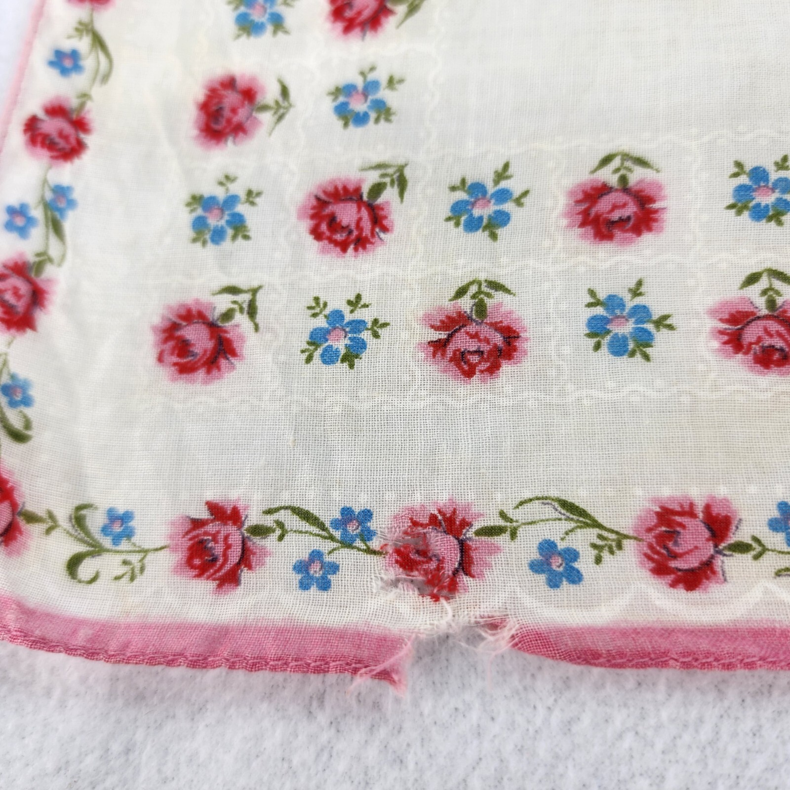 Vintage Handkerchief Red Roses in Original Paper Envelope 11.5” Floral FLAWED