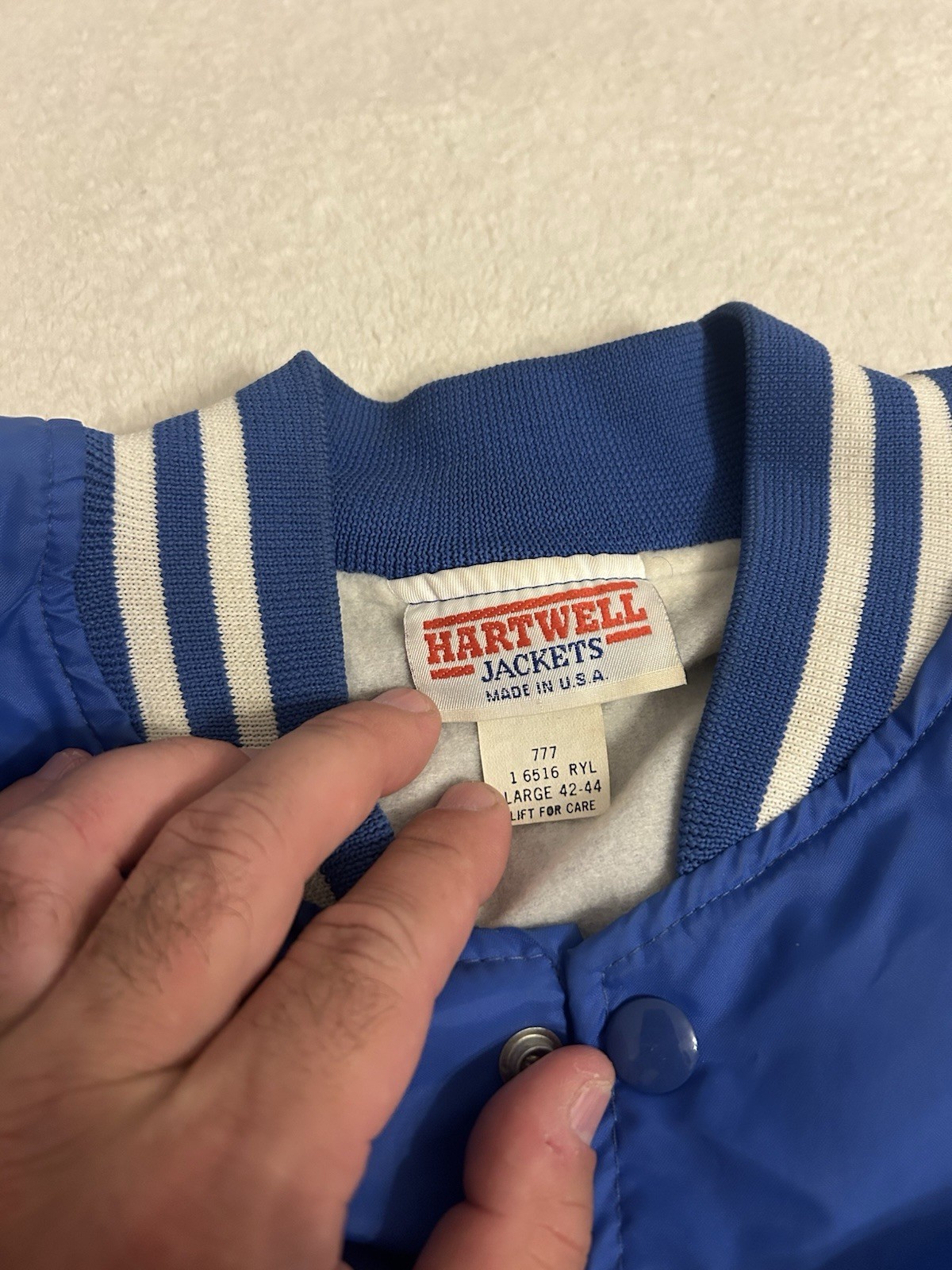 Vintage Hartwell Satin Cheerleading Bomber Jacket Large Blue Made USA Snap