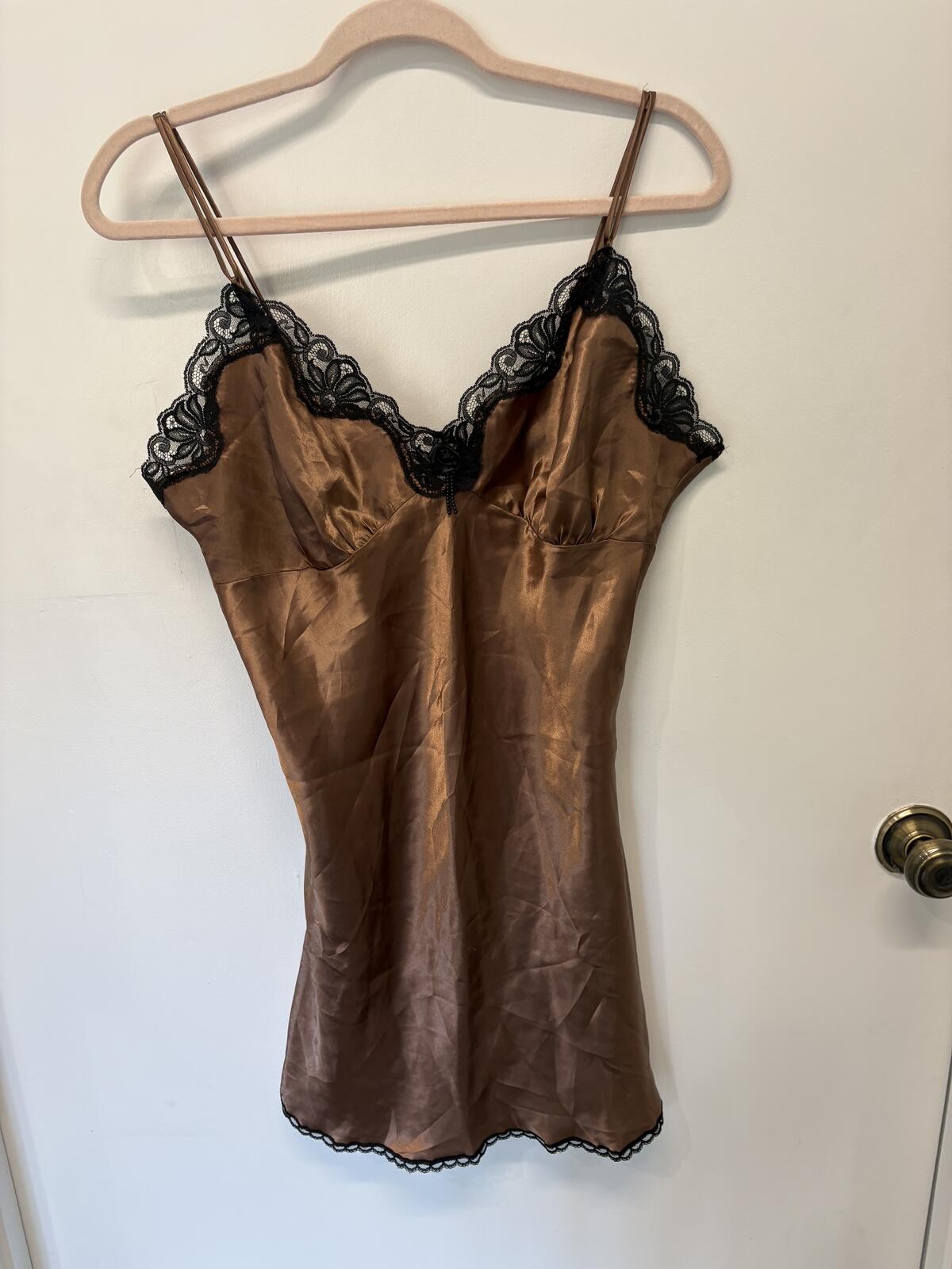Cinema Etoile Brown Satin Lace Trim Camisole Slip P2P 19in