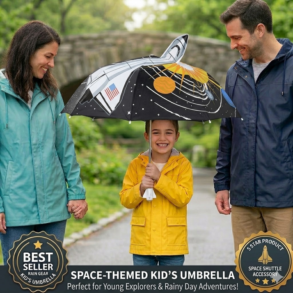 Kids 3D Space Umbrella, Rocket Handle Fun Designs. QTY DISCOUNTS – FREE GIFT