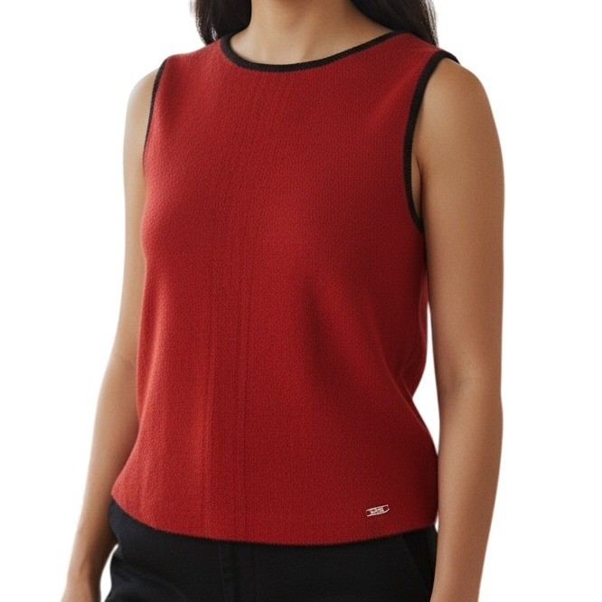 ST. JOHN SPORT BY MARIE GRAY Santana Knit Top Red With Black Trim EUC Petite