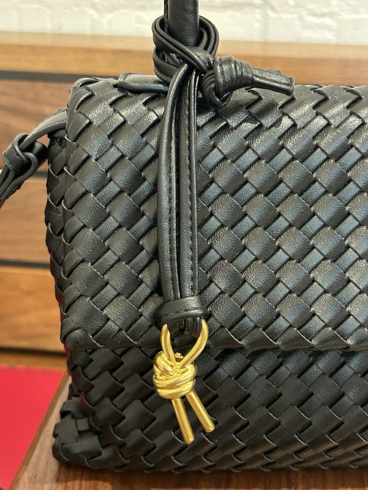 Women’s Black Woven Satchel Top Handle Turn Lock, Detachable Strap Gold Hardware