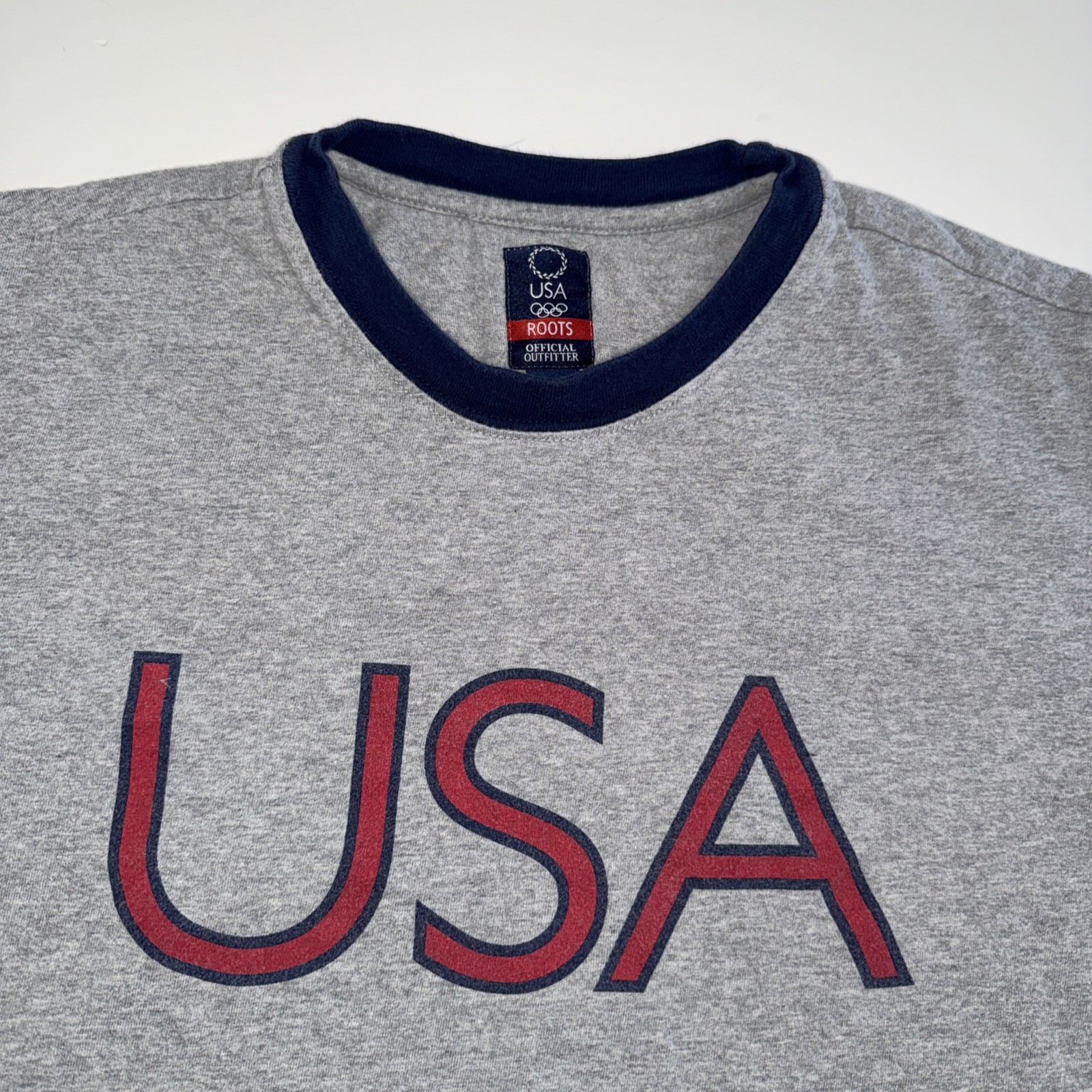 Vintage Roots USA Olympic Ringer T-Shirt Men’s Size Large Gray Short Sleeve 2004