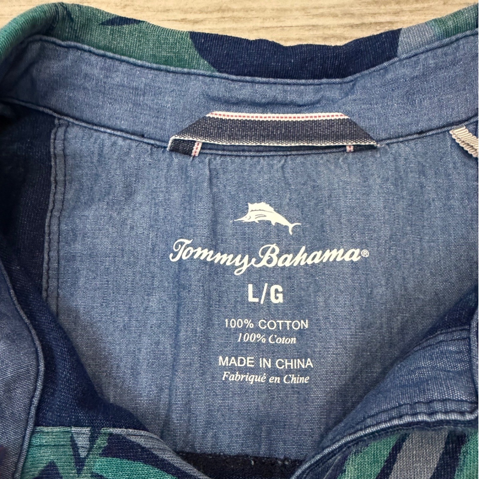Tommy Bahama Mens Large Blue Green Palm Leaf Print Cotton Short Sleeve Shirt