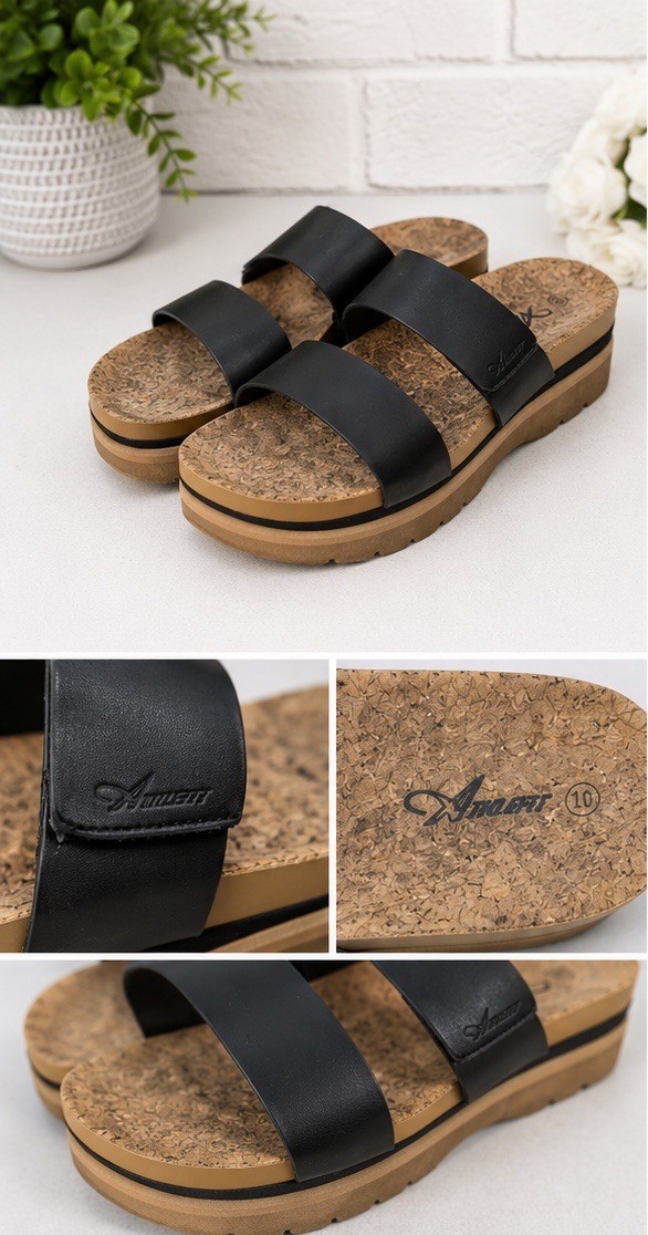 Amalfi Black Leather Double Strap Platform Slide Sandals Women’s Size 10