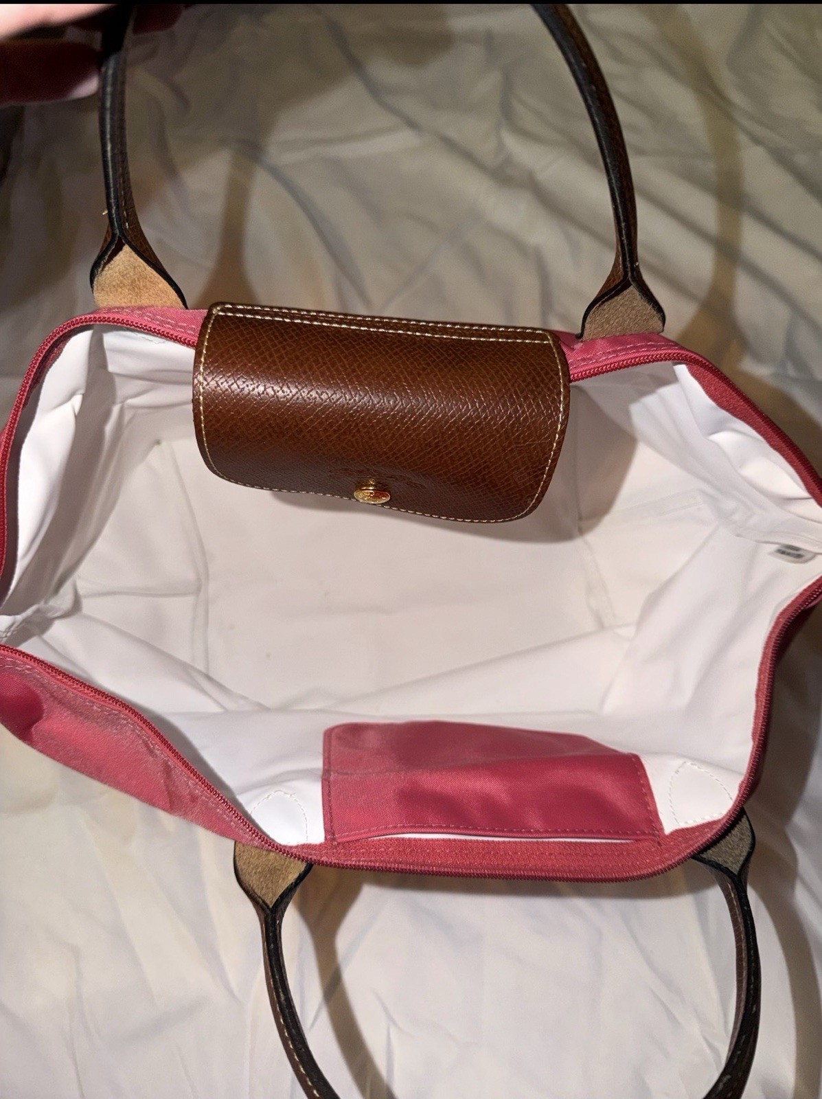 Longchamp Le Pliage Pink Solid Tote Snap Closure Brown Leather Handles Gold