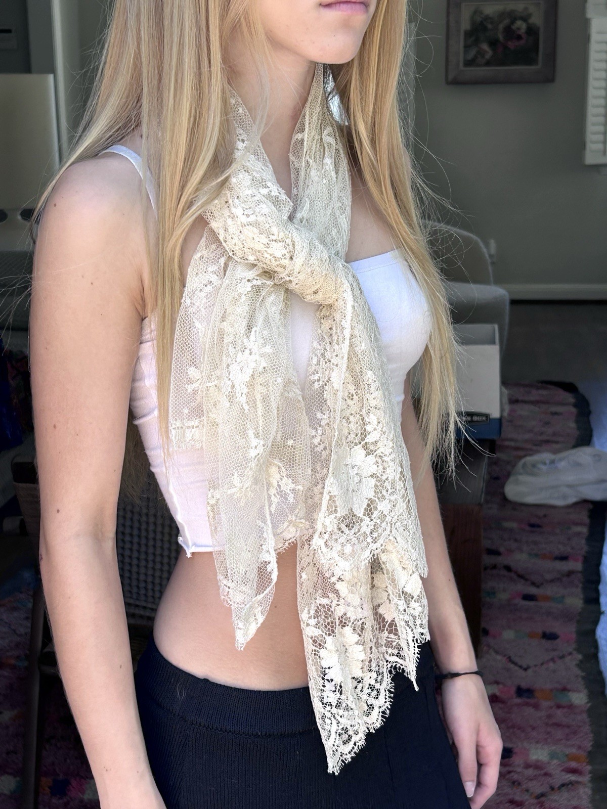 Vintage 90s DKNY Lace Scarf Ivory 20×50 Rayon Nylon Donna Karan New York