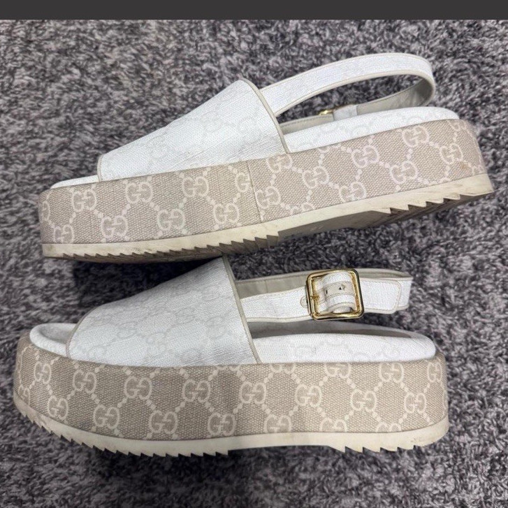 Gucci Womens Logo Platform Slingback Sandals Leather White/Beige Buckle 7